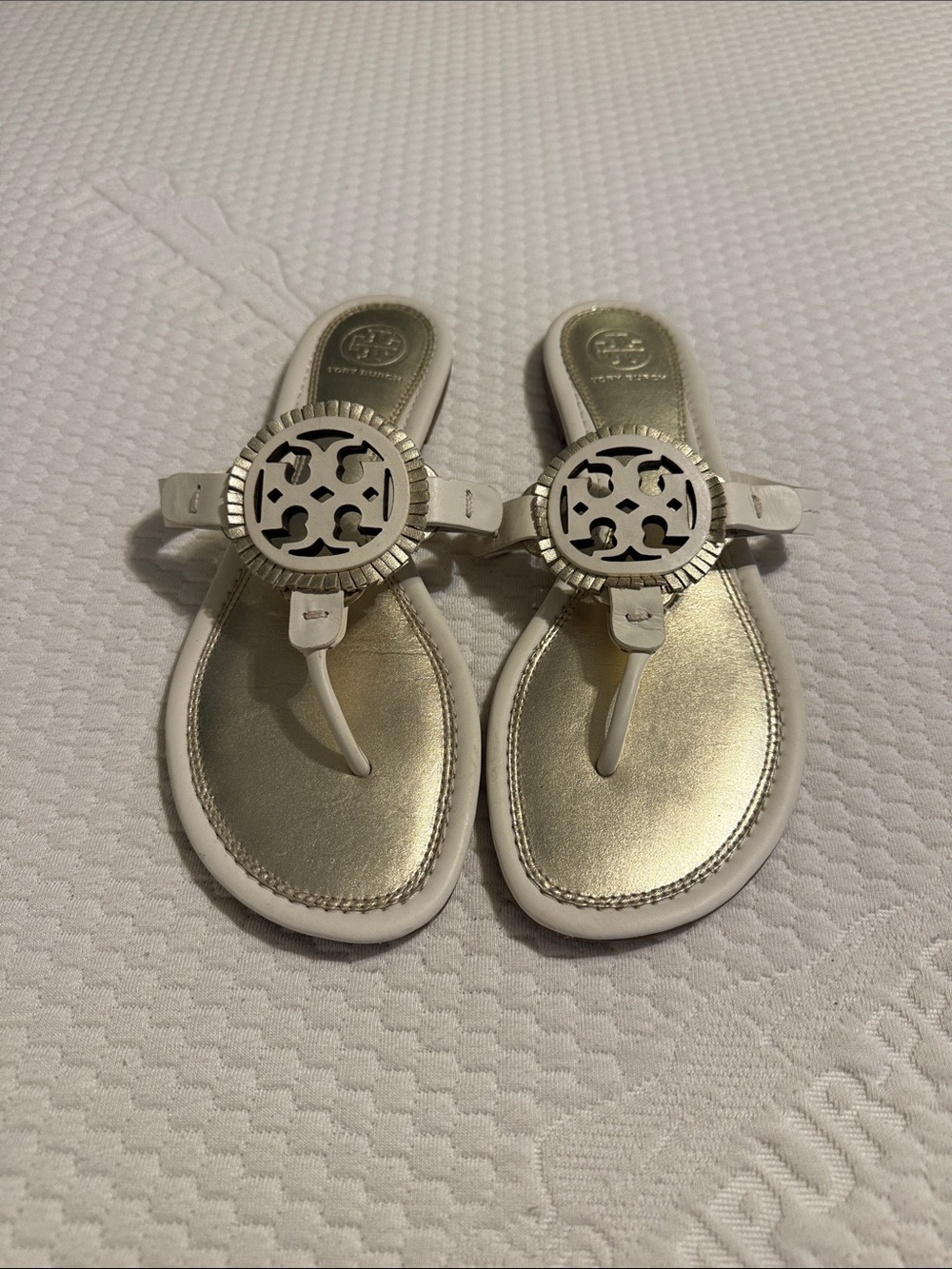 Tory Burch White and Gold Logo Thong Sandals